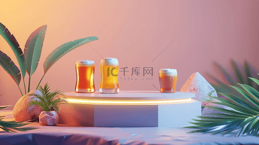 果味啤酒背景图片_夏日盆栽装饰的圆形展示台上的啤酒背景