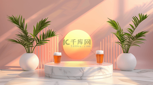 夏日饮品清凉背景图片_夏日盆栽装饰的圆形展示台上的啤酒背景