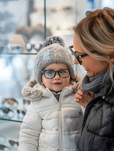 眼镜店图片摄影照片_妈妈带孩子到眼镜店挑选合适的眼镜