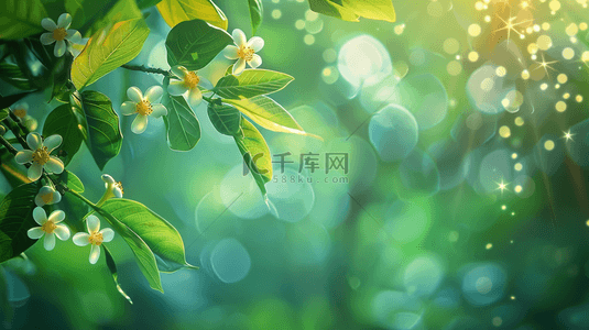 清新的夏天背景图片_阳光照射下树叶叶片花朵的背景