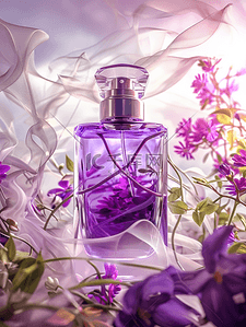 浪漫化妆品背景图片_紫色浪漫花朵化妆品喷雾拍摄场景的背景