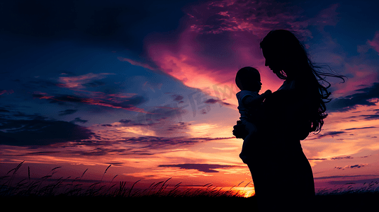 夕阳中妈妈抱着婴儿摄影4