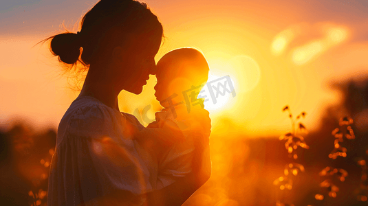 夕阳中妈妈抱着婴儿摄影7