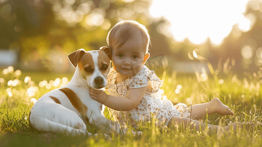 草坪上的婴儿和狗狗摄影3