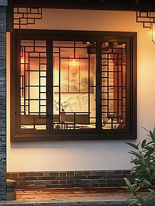 中式风格外墙窗户摄影图