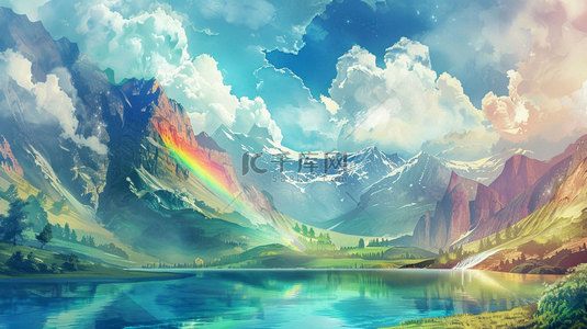 湖泊素材背景图片_高山湖泊彩虹合成创意素材背景