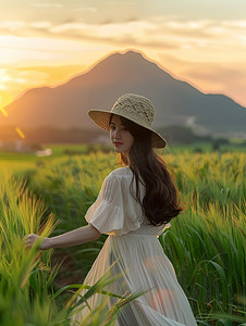 白色裙子摄影照片_麦田人像摄影白色裙子美女摄影图