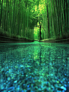 淡雅摄影照片_绿竹林中的雨后小路图片