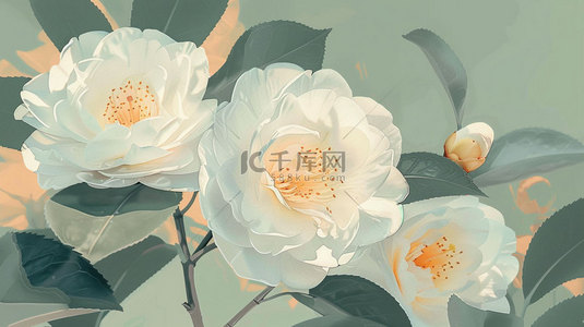 简约画面背景图片_山茶花绿叶简约合成创意素材背景