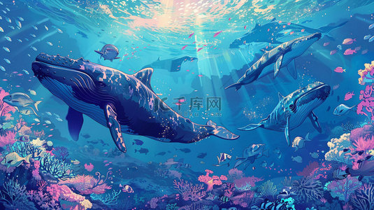 鲸鱼骸骨背景图片_深海鲸鱼珊瑚合成创意素材背景