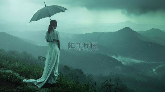 女人撑伞降雨合成创意素材背景