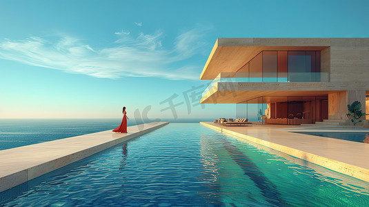 大海纹样摄影照片_面朝大海的豪宅现代建筑设计摄影配图