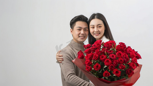 拿着一束红玫瑰合影的甜蜜夫妻图片