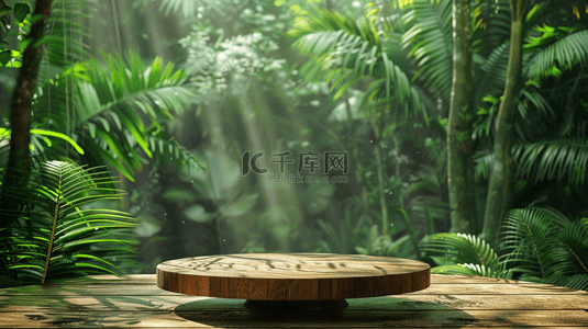 童装电商图背景图片_绿色夏季热带雨林电商圆柱展台背景
