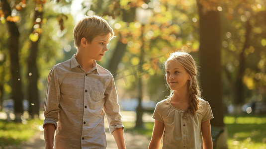 散步的小孩摄影照片_一个男孩和一个女孩一起在公园散步图片
