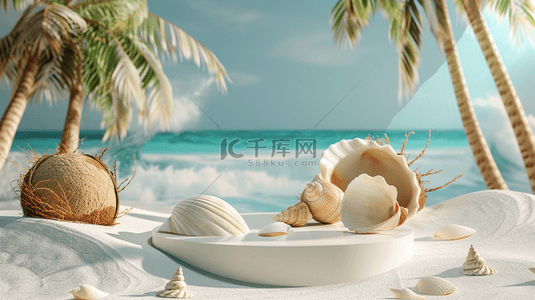 海边唯美背景背景图片_简约唯美沙滩上椰子贝壳的背景