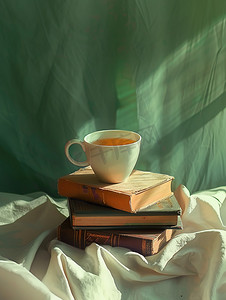 书本摄影照片_床上书本上的一杯茶复古摄影照片