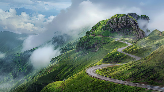 高山草原山顶上的蜿蜒道路摄影配图