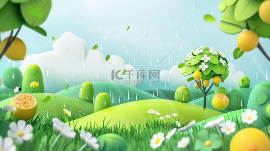 模型下雨草地合成创意素材背景