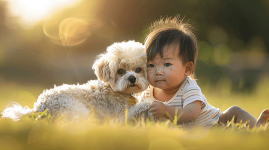 婴儿和儿童摄影照片_草坪上的婴儿和狗狗摄影5