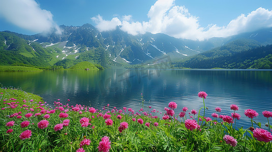 青山环绕的广阔蓝湖高清图片