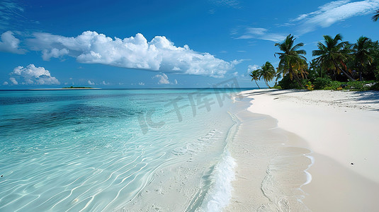 美丽的白沙滩蓝天白云摄影图