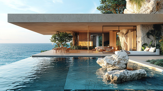 面朝大海的豪宅现代建筑设计摄影图