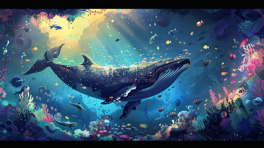 鲸鱼骸骨背景图片_深海鲸鱼珊瑚合成创意素材背景