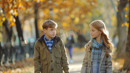 大树草地摄影照片_一个男孩和一个女孩一起在公园散步图片