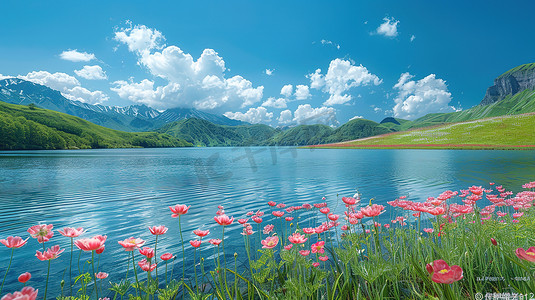 青山摄影照片_青山环绕的广阔蓝湖摄影配图