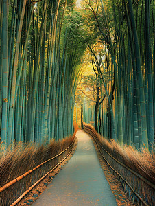 竹海摄影照片_绿竹林中的雨后小路图片