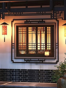 中式风格外墙窗户摄影图