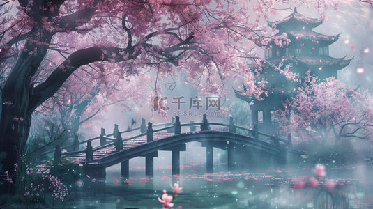 落花背景背景图片_落花流水亭阁合成创意素材背景