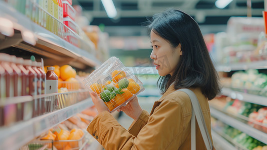 超市水果柜台摄影照片_逛超级市场的女士图片