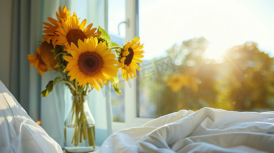 向日葵太阳摄影照片_床上放着一瓶向日葵高清摄影图