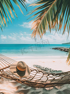 沙滩吊床草帽夏天旅游高清摄影图