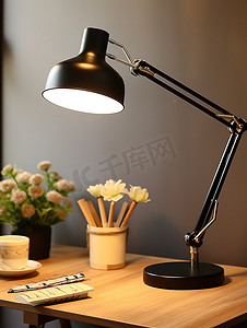现代办公桌上的黑色台灯摄影照片