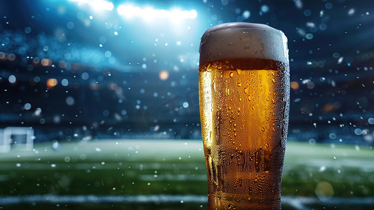 足球场背景一杯啤酒摄影配图