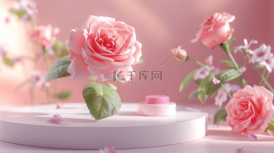 立体粉色花朵背景图片_粉色520花朵3D立体装饰圆柱电商背景