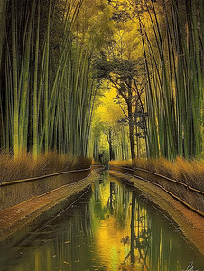 竹叶竹枝摄影照片_绿竹林中的雨后小路图片
