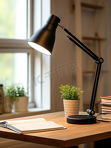 办公台灯摄影照片_现代办公桌上的黑色台灯摄影图