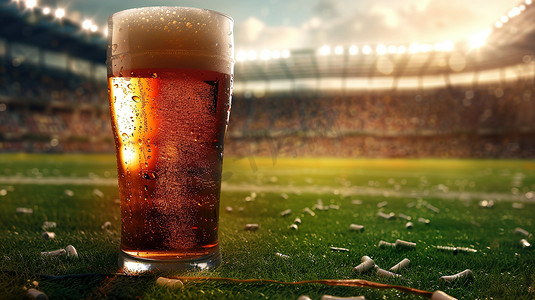 足球场背景一杯啤酒摄影配图