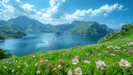 青山环绕的广阔蓝湖摄影图