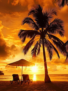 海滩日落椰子树躺椅高清摄影图