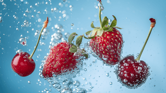 清洗碗筷背景图片_蓝色夏季草莓清洗水果背景