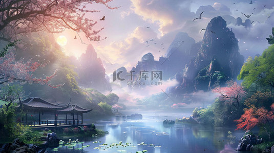 落花背景背景图片_落花流水亭阁合成创意素材背景