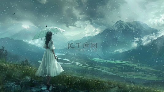 女人撑伞降雨合成创意素材背景