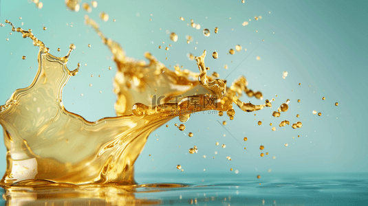 金色背景广告背景图片_蓝色场景下拍摄黄色液体抛洒的背景