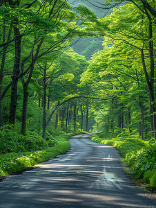 空荡荡的柏油路绿色树木摄影图