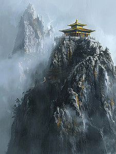 中式山峰摄影照片_山峰峭壁上的古阁楼图片